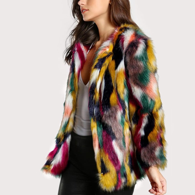 Gihuo Faux Fur Coat Women Winter Fur Fluffy Jacket Multicolor Furry Coat Jackets - Image 3